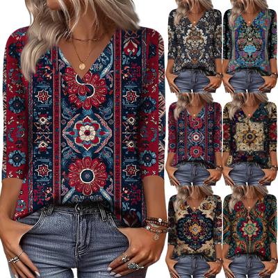 Damen 3/4 Ärmel Shirts V Ausschnitt Print Tops Casual Tops Basic Tees Bluse Lockere Oberteile