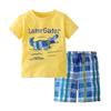 Boys' Two-piece Cartoon Printed Children's Round Neck Short Sleeved and Checkered Shorts Set