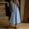 Abito estivo da donna senza maniche con bordi in pizzo, scollo a V, casual, vestibilità ampia, abito midi per uso quotidiano, vacanze al mare