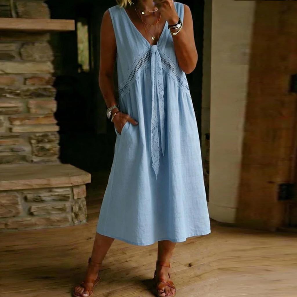 Abito estivo da donna senza maniche con bordi in pizzo, scollo a V, casual, vestibilità ampia, abito midi per uso quotidiano, vacanze al mare