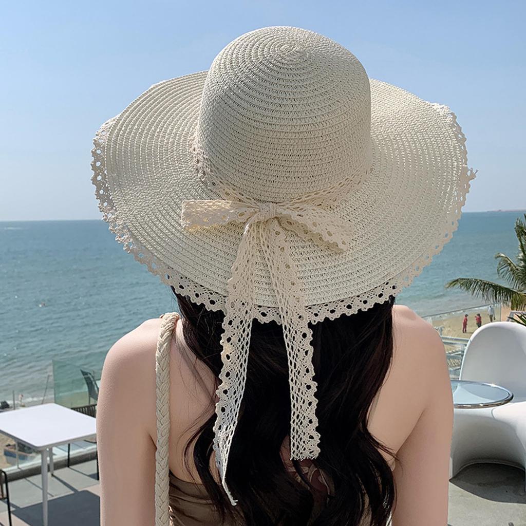 Straw Boater Wide Sun Super Slimming Beaded Actress Lace Ribbon Free [easylivegogo] Women's Hat, Hat, Brim, Hat, Breathable, Quick-Drying, Cool,
