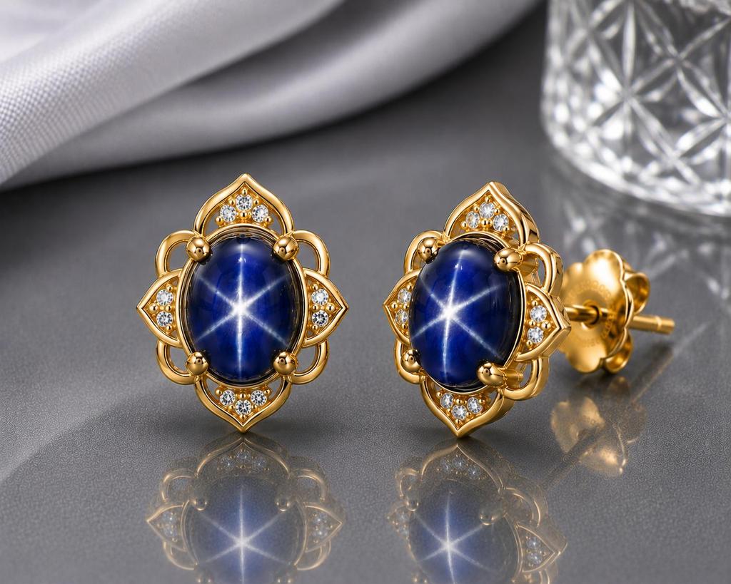 Blue Star Sapphire Earring Stud Earring 925 Sterling Silver In Yellow Gold Fill, Oval Shape Gemstone Designer CZ Earring Women Jewelry