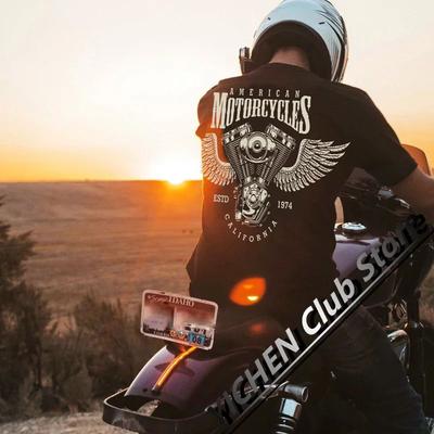 Ciężka Bawełna Amerykański Retro Harley Lokomotywa Strój Rowerowy Boks Silnik Osobowość Luźne Męskie i Damskie Koszulki