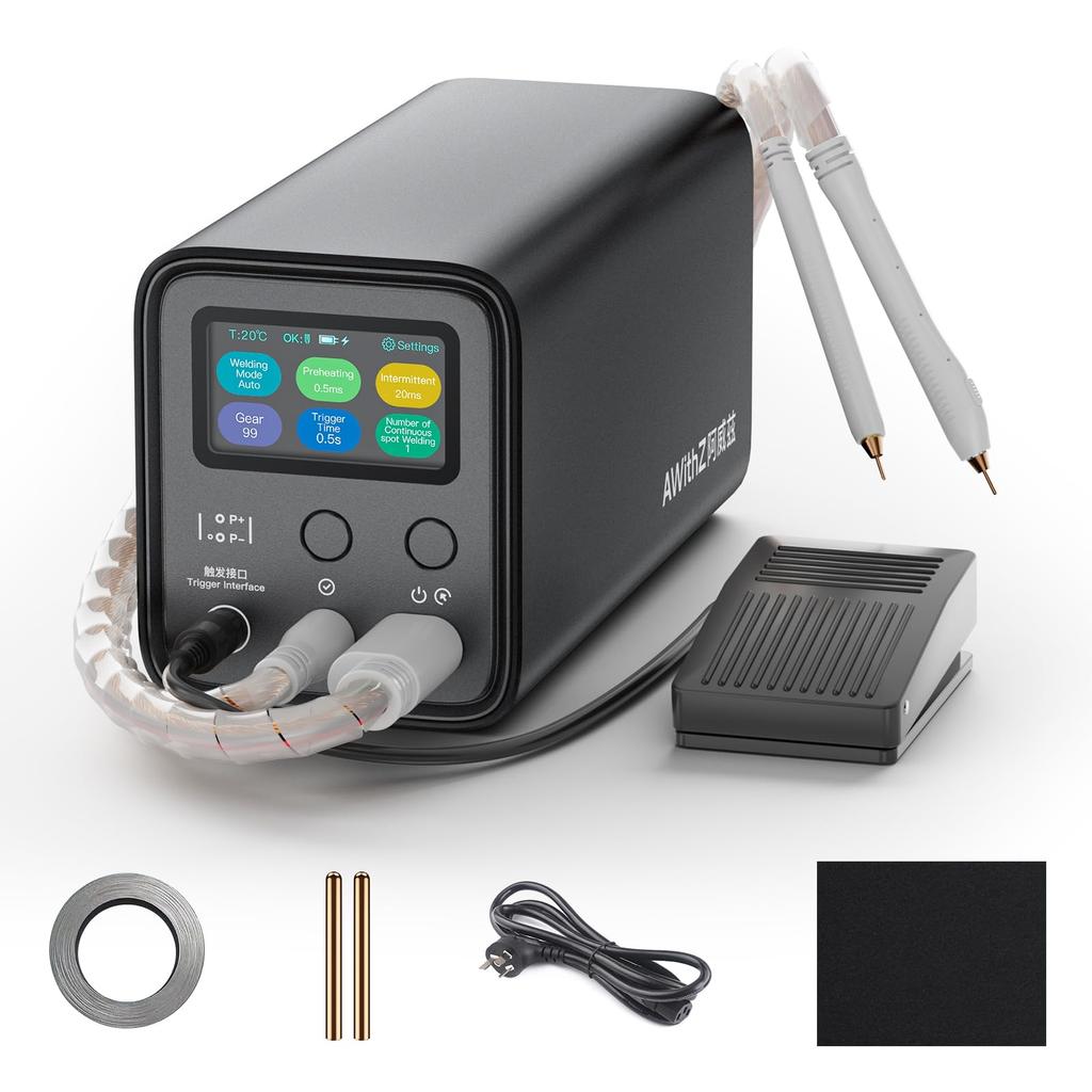 AWithZ Spot Welder with Folar Smart Hand and Foot for 18650 and LiFePO4 Lithium Battery Packs 10.5KW Capacitor, Pen, Pedal, (UF20B)