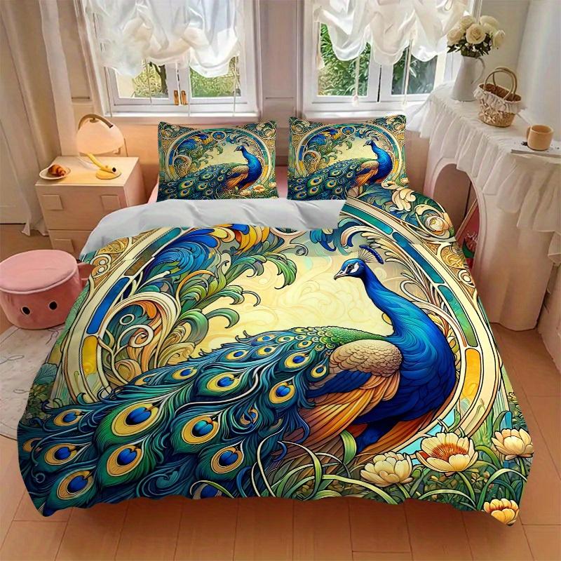 3pcs Peacock Garden Bedding Cover Set, Fashion Classic Popular Print Bedding Set, Soft Comfortable, All Season Use, For Bedroom, Guest Rooma0819189