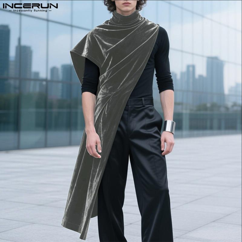 INCERUN Herren Rollkragen Ein-Schulter Ärmel Glitzer Hohe Schlitze Lässige Lange Oberteile T-Shirts