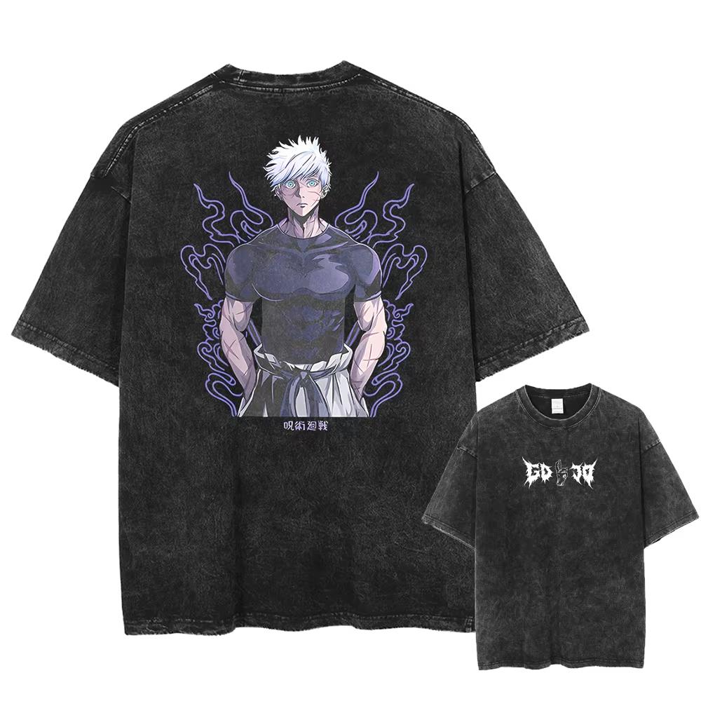 Japan Anime Jujutsu Kaisen Gojo Satoru Print Washed Tshirt Men Pure Cotton Tshirts Manga Casual T Shirt Harajuku Top Streetwear
