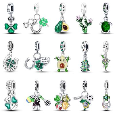 Couleur Argent 925 Trèfle à Quatre Feuilles Avocat Cactus Série Verte Breloques Perles Convient Bracelet Original 925 Bijoux Fins DIY