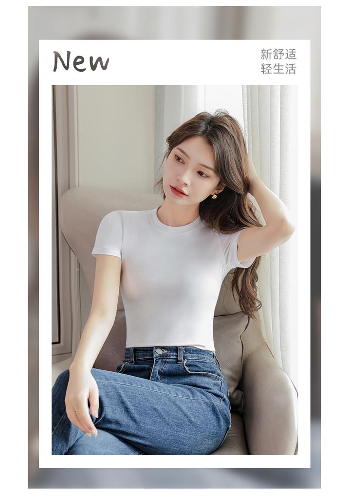 Pure cotton shoulder short sleeved T-shirt for women, slim fit and tight fitting, pure cotton white semi high neck top, solid color JS