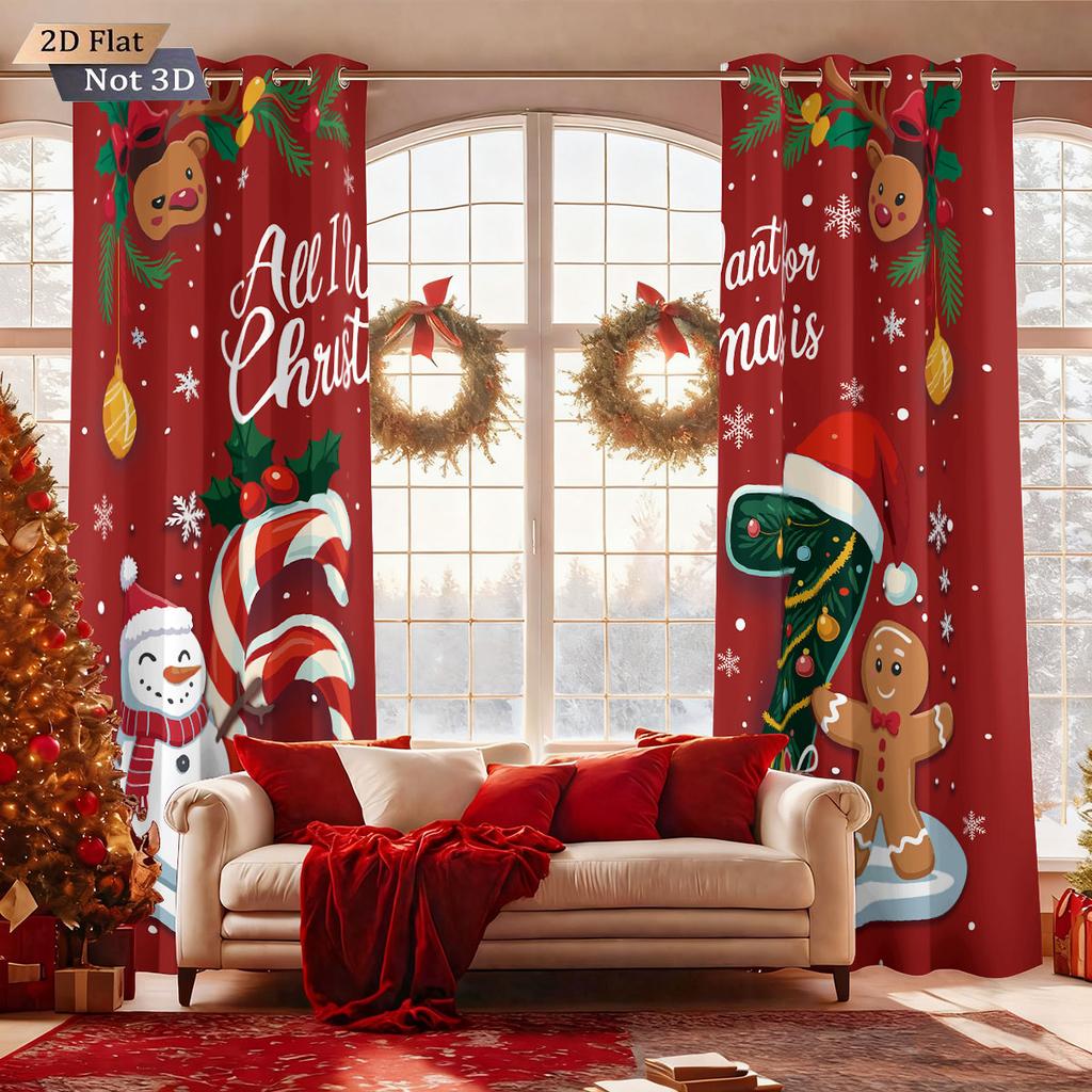 Set Of 2 Merry Christmas Element Print Perforated Curtains Various Sizes Living Rooms Bedrooms Insulation Decoration Curtain Blackout Polyester Ideal