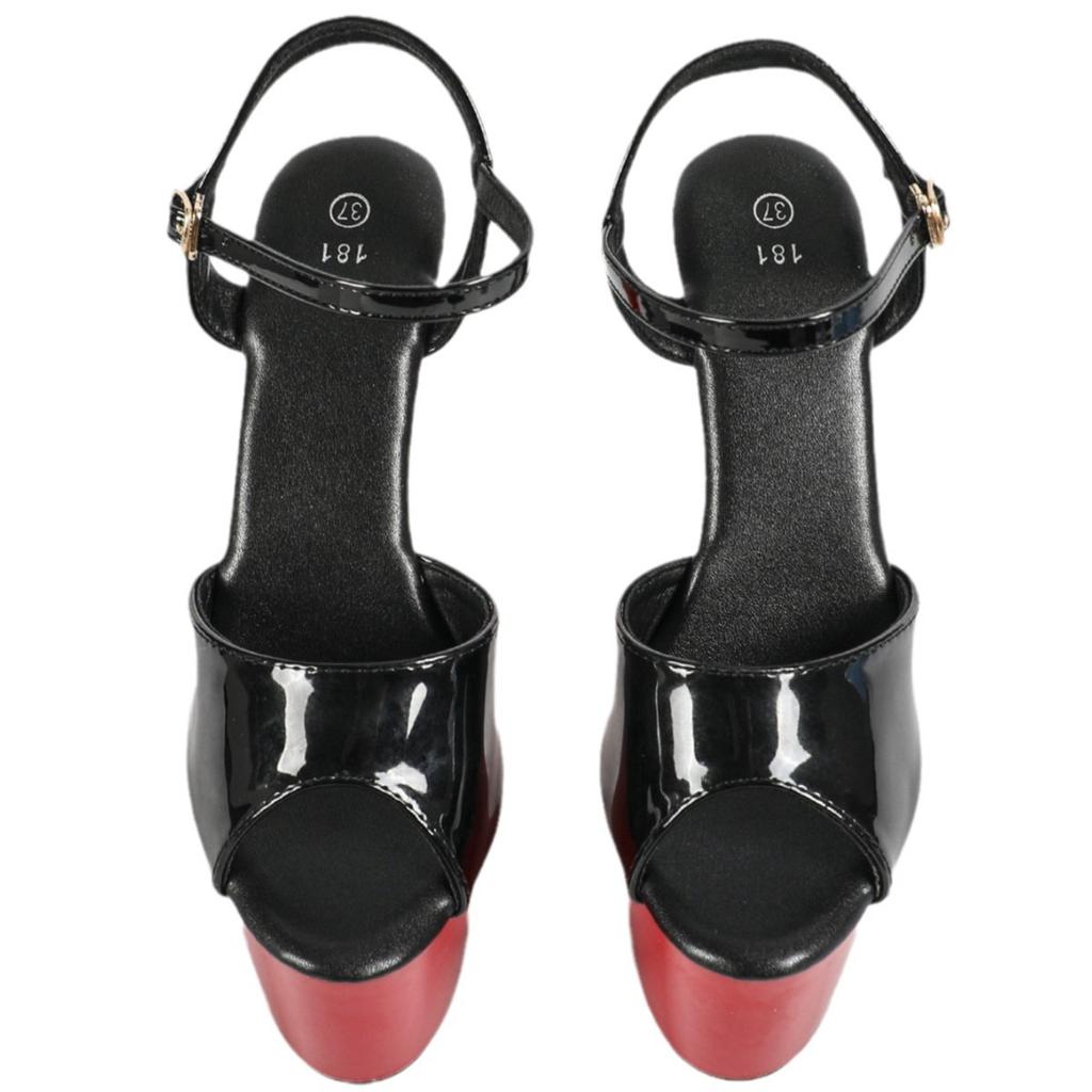 Fashion Black Patent Leather 17cm Super High Heels Women's Fine Stiletto Sandals with Thick Sole for Summer Party & Dance Floor
