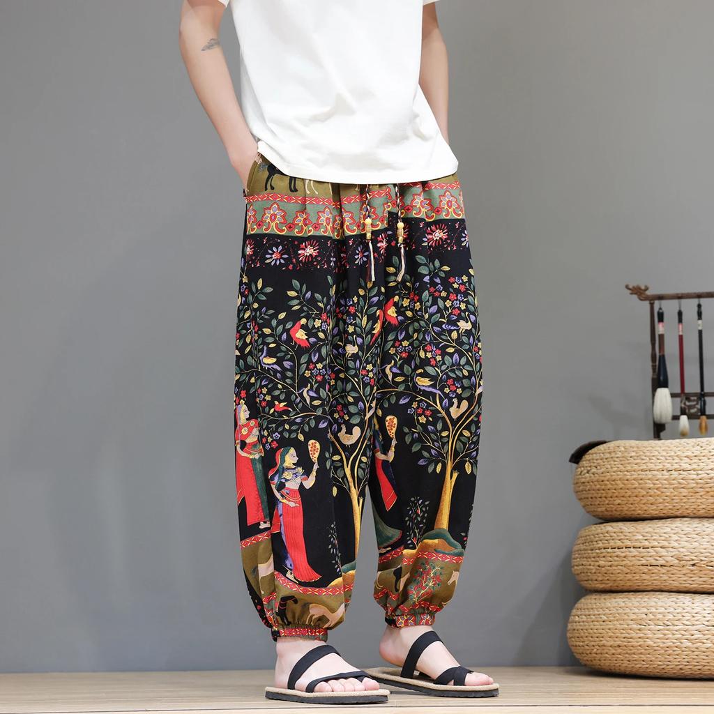 2026 Summer Men Casual Print Baggy Pants Men Chinese Style Vintage Harem Pants Male Streewear Wide Leg Pants Male Hanfu Trousers