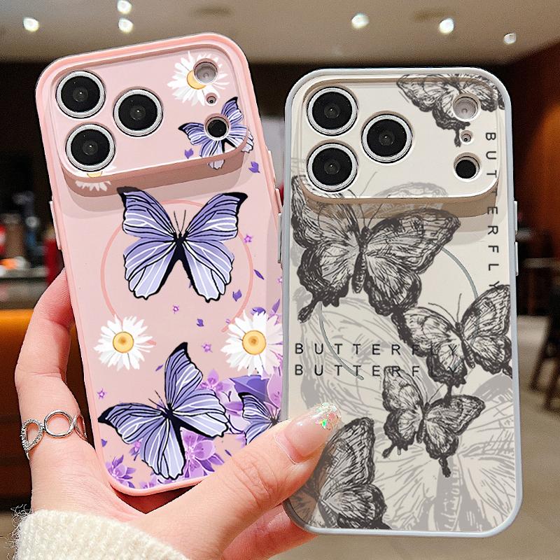 Butterfly Flowers Pattern Case For iPhone 17 Pro Max Magnetic For Magsafe Hybrid Slim Matte Cover For iPhone 16 15 14 13 Pro Max