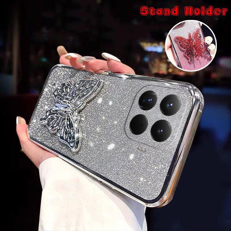 For Xiaomi 15T Pro Case with Cute Butterfly Stand Luxury Slim Gradient Clear Plating Glitter Girls for Xiaomi 15T Back Cover