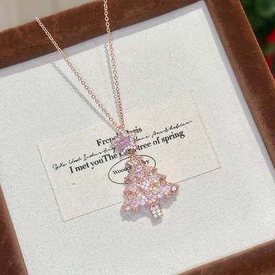 Women's Christmas Tree Pink Crystal Zircon Star Pendant Earrings Bright Snowflake Glitter Pink Jewelry Gift