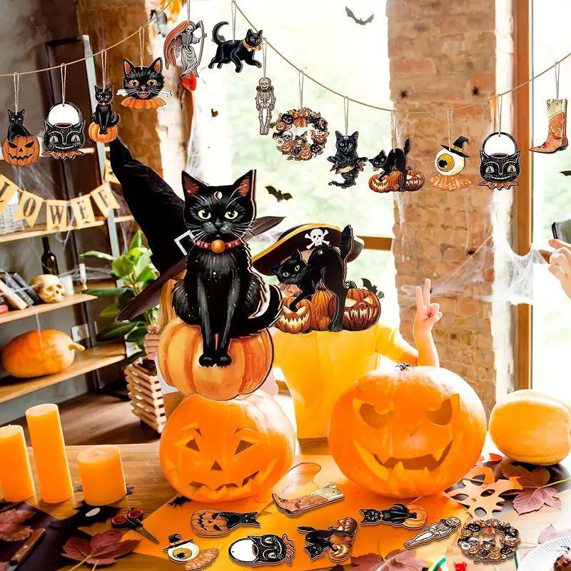 36Pcs Retro Halloween Wooden Ornaments, Halloween Tree Decorations, Party Props, Household Decorations