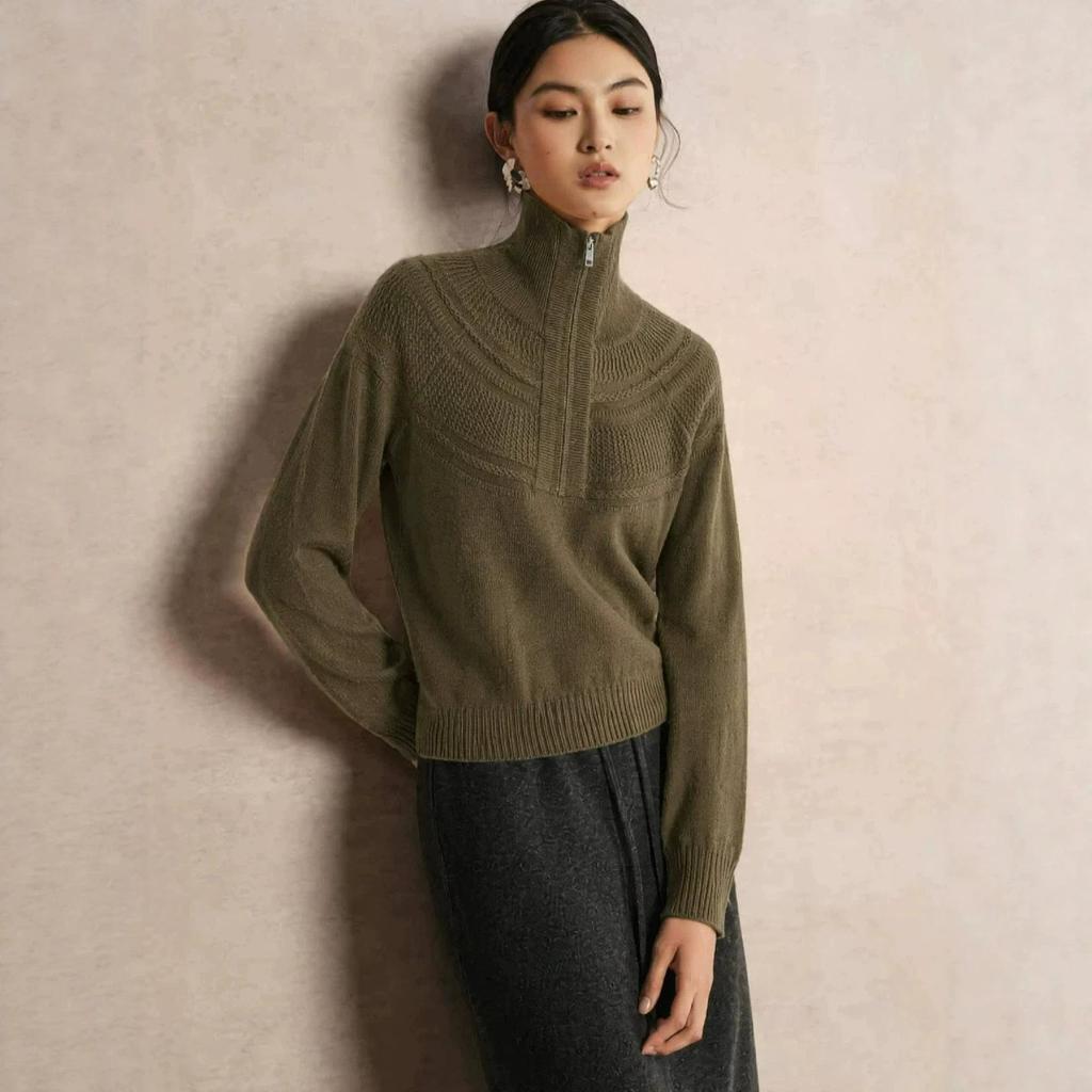 Women's Wool High Neck Half-Zip Jacquard Loose Knit Sweater for Autumn and Winter