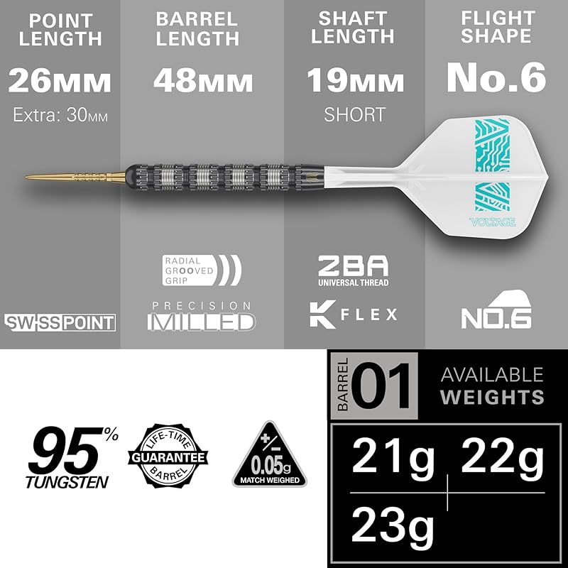 TARGET Darts Rob Cross 95K Steel Tip Swiss Point Darts, 95% Tungsten Darts with K Flex Flights, 21G | Voltage Darts, Player Edition Swiss Point K Flex