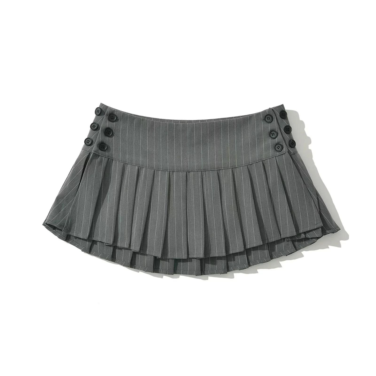 College Style High-Waisted Women s Skirt with Side Button and Underpants Small серый