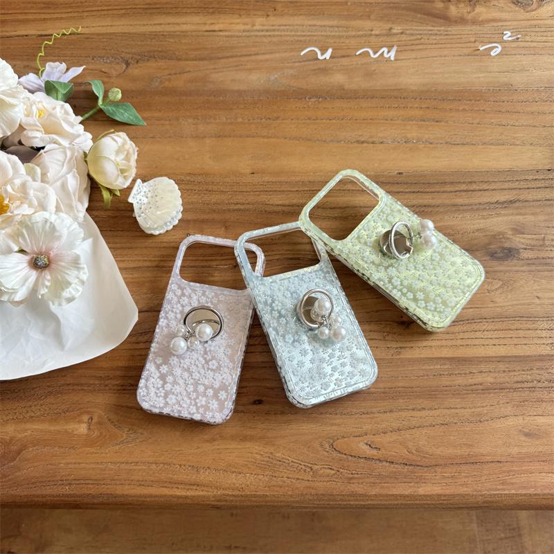 Elegant Floral Print Glitter Case With Pearl Ring Holder For iPhone 14 15 16 17 Pro Max INS Kawaii Style Large Window Shockproof