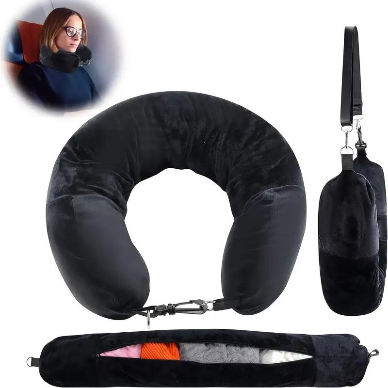 Travel Neck Pillow with Fillable Clothing U-Shaped Pillowcase, Extra Storage Bag, Soft Fleece Material Velvet Neck Pillow