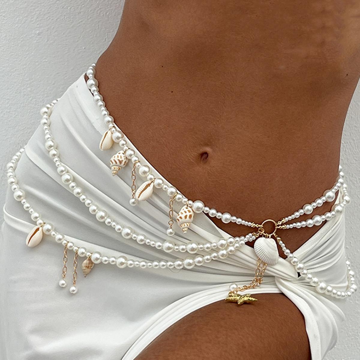 

SHIXIN Hollow Net-like Imitation Pearl Chest Chain Waist Chain Summer Beach Conch Starfish Pendant Tassel Bikini Body Jewelry