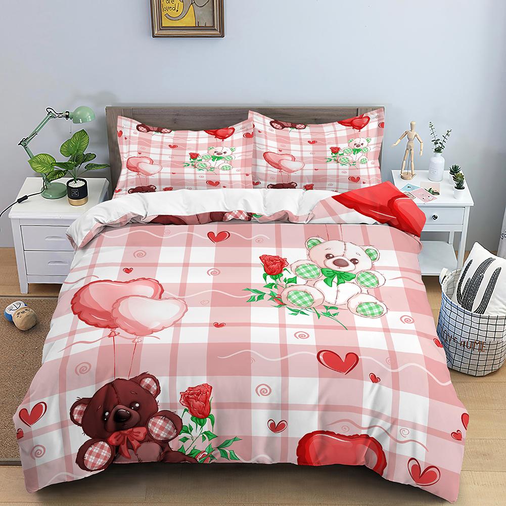 3D Romantiskt Alla hjärtans dag Påslakan Röd Ros Björn Tryckt Påslakan för Flicka Queen Quiltöverdrag Kuddfodral Lyxigt Överdragset