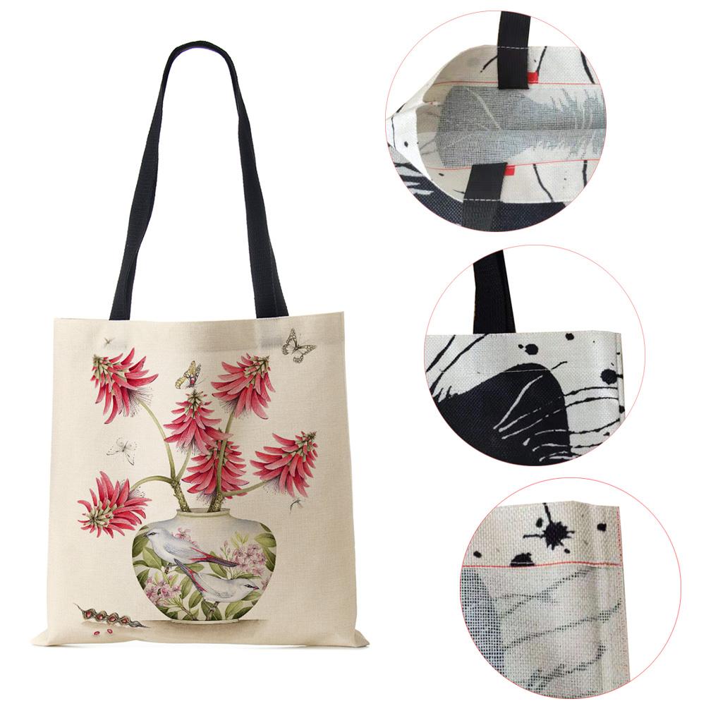 Plant Flowers Shopping Tote Bag Women Canvas Print Shoulder Bag Reusable Harajuku Large Capacity Travel School Handbag CLE