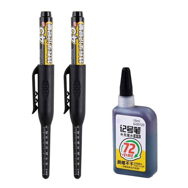 2Pcs Refillable Deep Hole Marker Pen With 15ml Refill Inks 45mm Long Tip Marker For Marking On Wood Ceramic Tile Metal