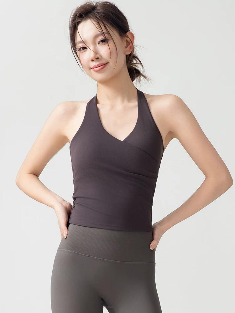 V-Neck Halter Sports Tank Top for Women with Chest Pads, Backless, Slimming Fitness Bra for Running, Pilates, Yoga, Beautiful Back, Summer