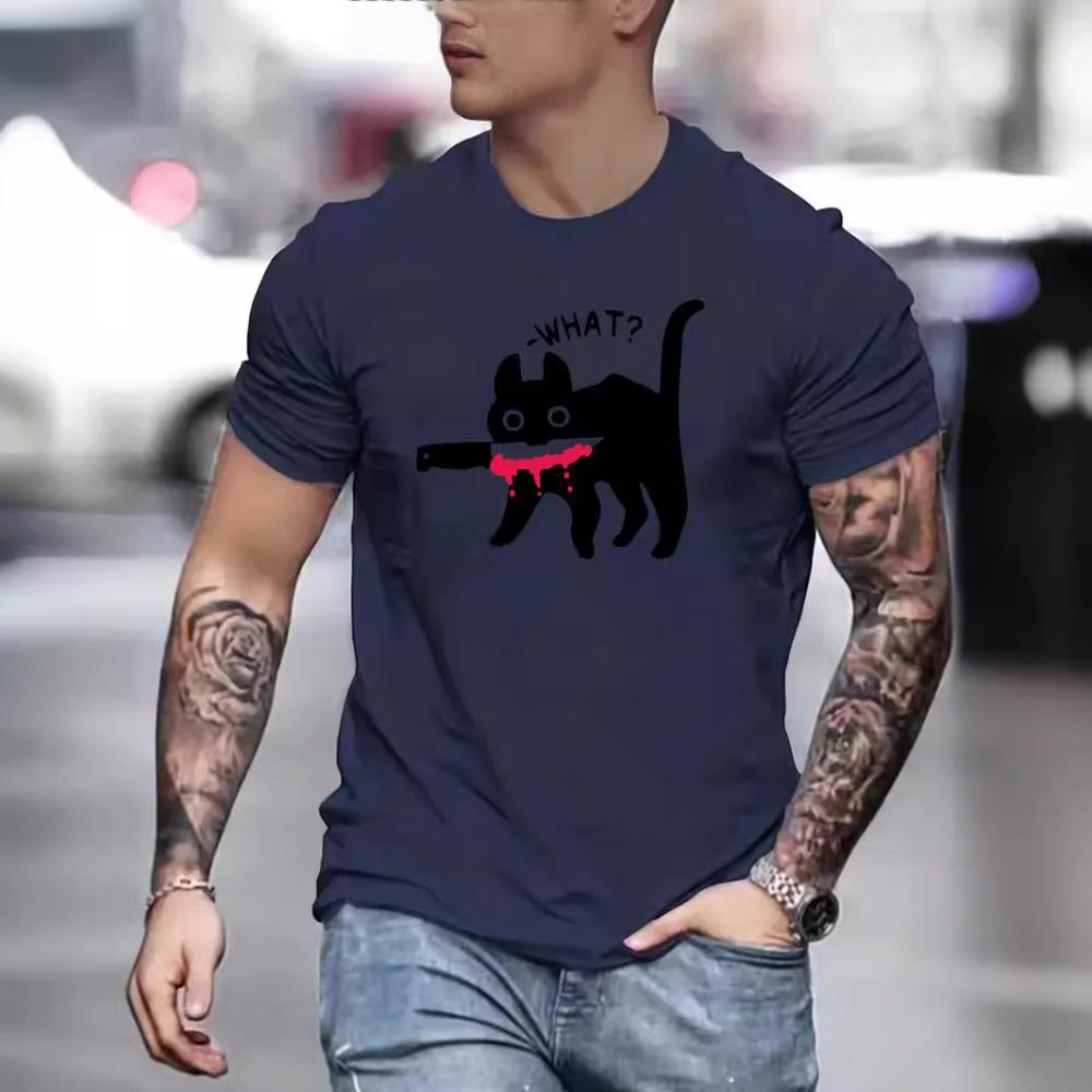 Kitten Fashion Harajuku Style Pure Cotton Printed Men's Round Neck Short Sleeved T-shirt