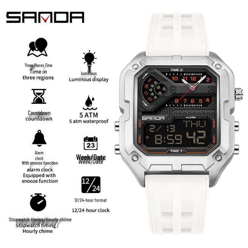 SANDA Men's Luxury Quartz Watch - Steel Band, Waterproof, Three-Time Zone, Versatile for Casual and Workplace Wear.