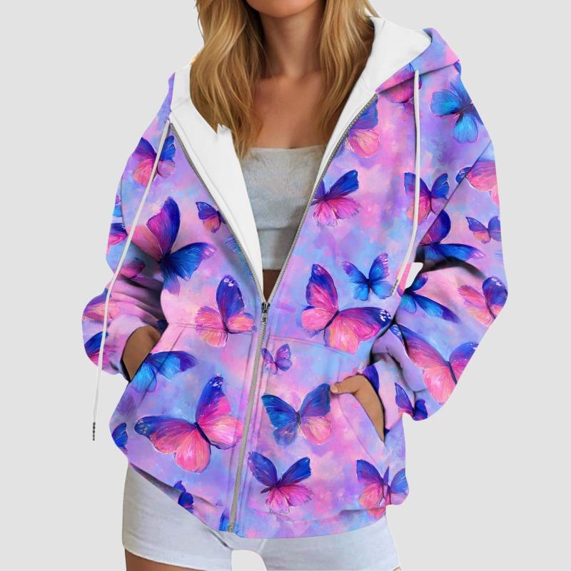 Graphic Stylish Print Women'S Hooded Sweatshirt Oversized Zipper Cardigan With Pocket Trendy Long-Sleeve Casual Hoodie Jacket