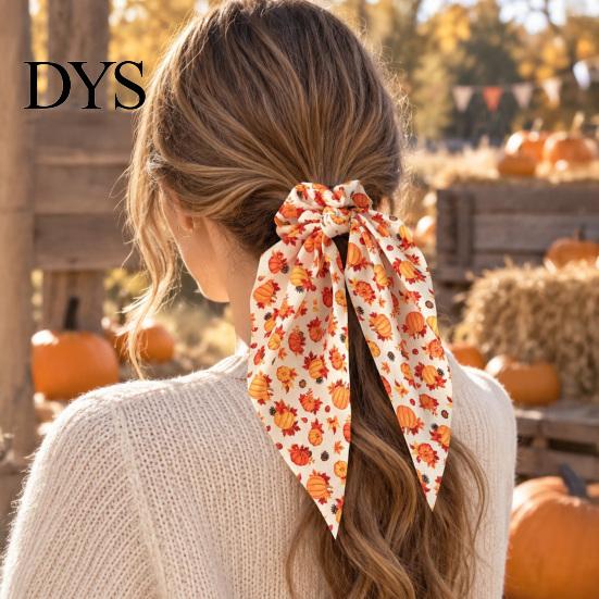 Autumn Theme Hair Ties for Gifts Fall Pumpkin Maple Leaf Tie Women, Bow Knot Ribbon Ponytail Elastic Bands Thick Holder, Soft Fabric Accessory