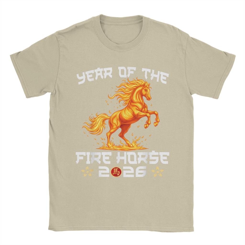 Mens TShirt Year of The Fire Horse New Year 2026 Zodiac Horse Pure Cotton Tees Short Sleeve  T Shirts O Neck Tops Unique
