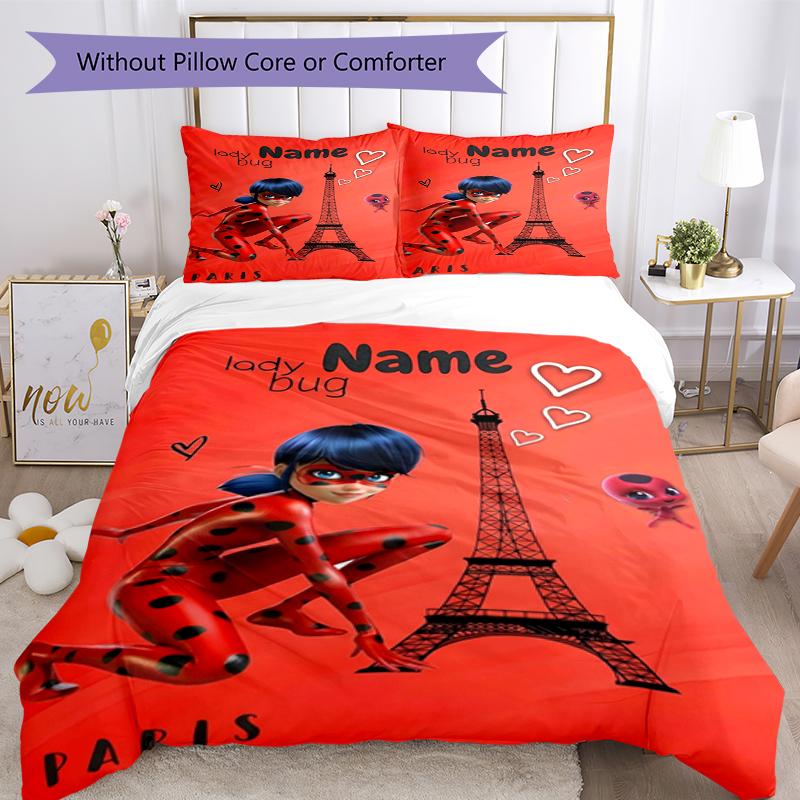 3pcs Custom Name Ladybug Bedding Set Duvet Cover Closure Includes 1 Duvet Cover & 2 Pillowcases, Soft and Comfortable for All Seasons.