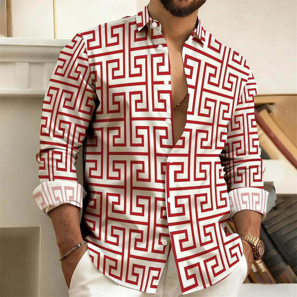 Trendy Long-sleeve Shirt with Classic Greek Key Pattern, Stylish and Versatile for Daily Wear.