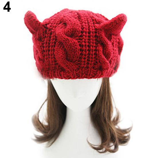 Women's Winter Knit Crochet Braided Cat Ears Beret Beanie Ski Knitted Hat Cap