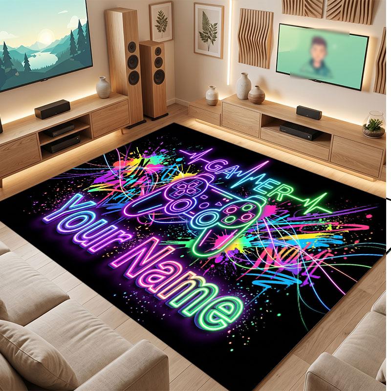 Neon Colorful Theme Crystal Velvet Floor Rug Personalized Custom Name Text Warm Carpet Home Decoration