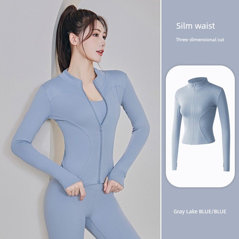 

Yoga Outwear Women s Autumn and Winter Running Sports Cycling Clothing Fleece Zipper Long Sleeve Slim-Fit Top Yoga Clothes Women Gray Lake Blue 3XL