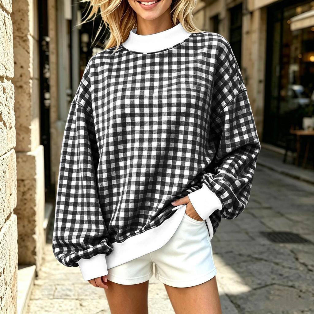 Women's Casual Long Sleeve Plaid Pullover Top for Everyday Wear