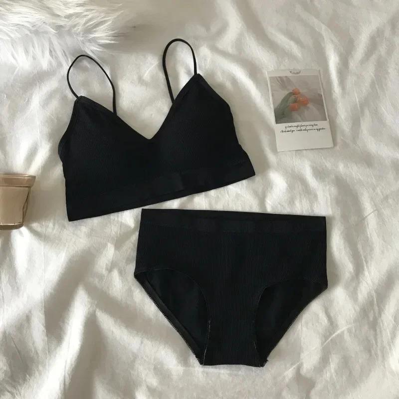 Women s Sports Bra Set Underwear Bra Korean Style Push Up No Steel Ring Bra Sexy Tube Top High Elastic Panty Set One Size чёрный