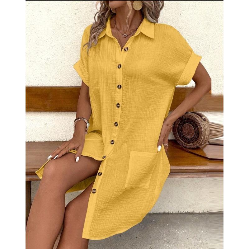 Abito Casual da Donna a Manica Corta, Monopetto, Colore Unito, Lunghezza Midi, Vestibilità Larga