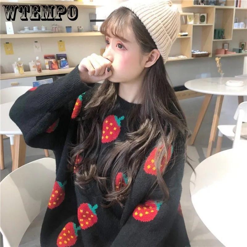 WTEMPO Women's Long Sleeve Fall Strawberries Sweater Cute Girl Knitwear Loose Crewneck Knitted Jumper Pullover Knitting Tops
