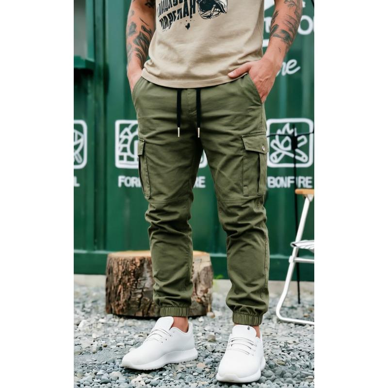 Men Drawstring Elastic Waist Multi Pocket Cargo Jogger Pants Casual Cuffed Trousers