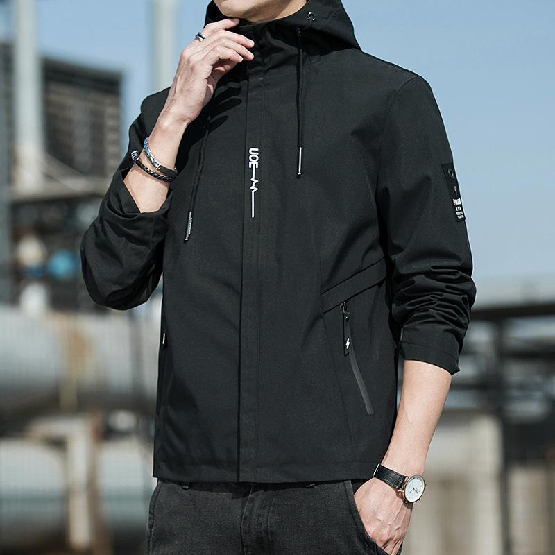 Men s Hooded Jacket Spring And Autumn Casual Windproof Jacket Trendy Workwear Windproof Waterproof Top 4XL чёрный