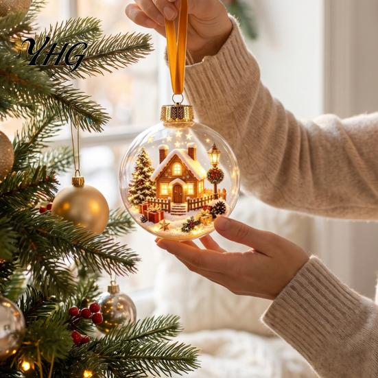 Glowing Christmas Tree Ornaments Lighted Ball Ornaments, 3D Miniature Scene Hanging with Warm LED Led Globes Light, Clear Acrylic Bauble Decoration