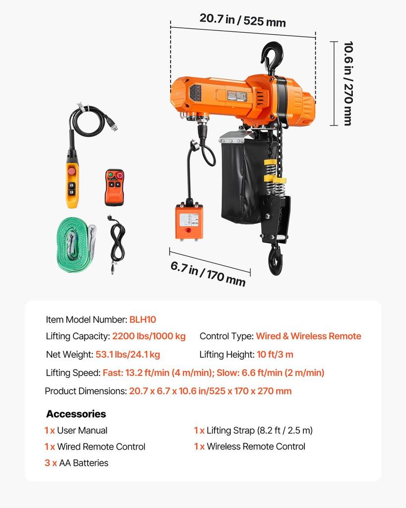 1000 kg Electric Chain Hoist, 3 m Lifting Height, 230V Single Phase Overhead Crane with 100 m Wireless & 2.4 m Wired Remote Control, Power Electric