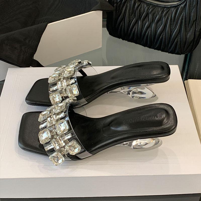 

Fashion Luxury Crystal Fashion Transparent Heels Ladies Wedges Slippers Rhinestones Women Heeled Slippers Shoes Female Slides Pumps 35 чёрный
