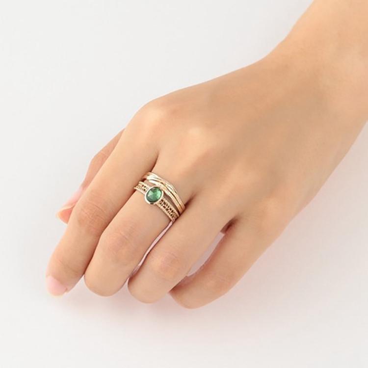 Mlluki Factory 925 Sterling Silver 14K Gold Plated Gemstone Retro Hollow Olive Emerald Ring